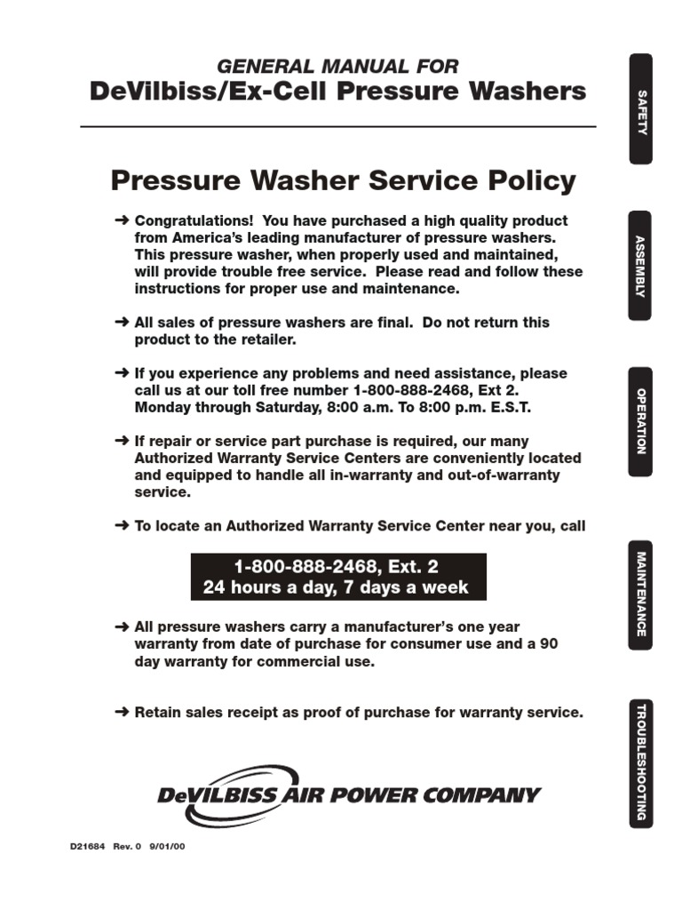D21684E DeVilbiss / ExCell Pressure Washer General Manual PDF