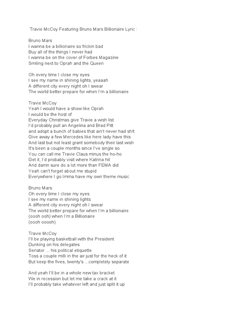 Billionaire Ft Bruno Mars Travie Mccoy Lyrics