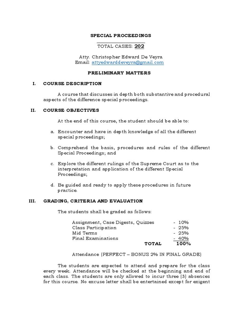 Special Proceedings Syllabus | PDF | Will And Testament | Habeas Corpus