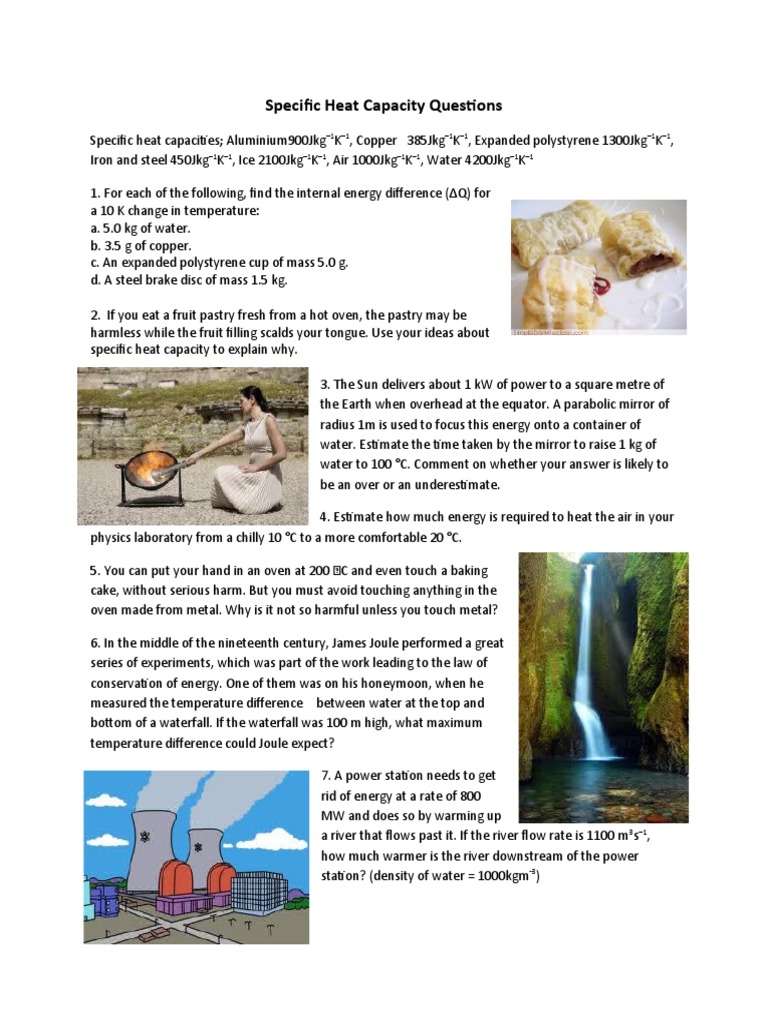 Lessons 3 and 4 Specific Heat Capacity Questions PDF Water Heat