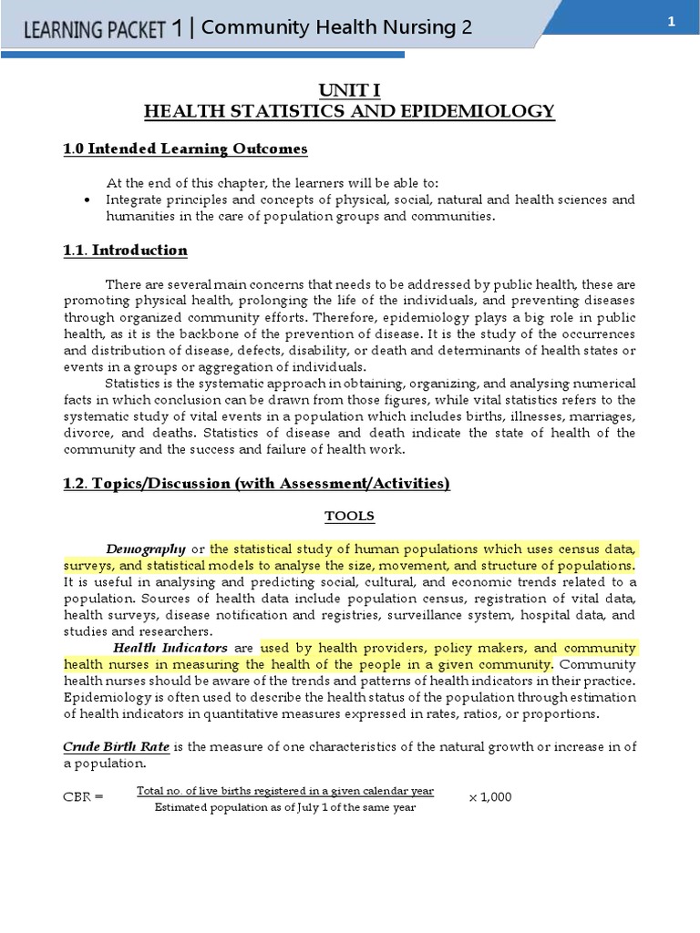 Unit I Health Statistics and Epidemiology 1.0 Intended Learning PDF Epidemiology