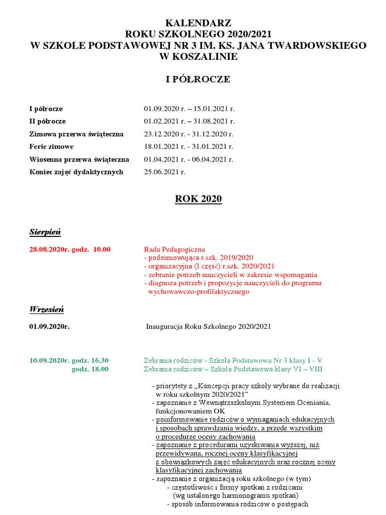 Kalendarz Roku Szkolnego 2019 20 Doc