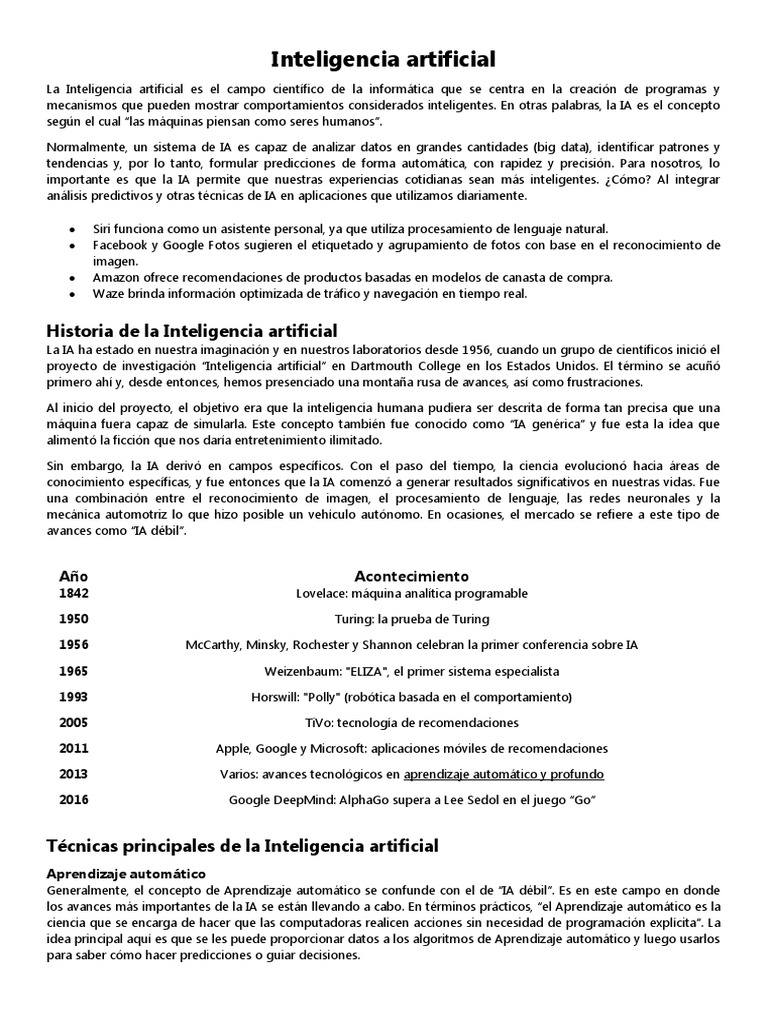 Historia y Aplicaciones de la IA | PDF | Inteligencia artificial ...