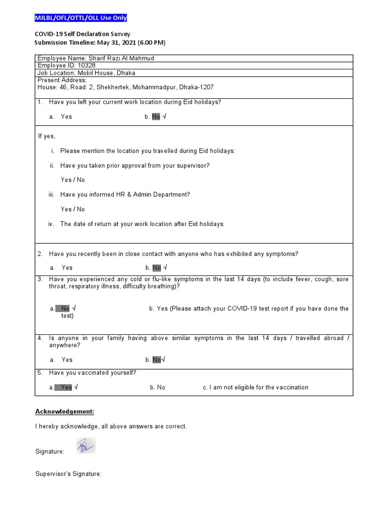 COVID-19 Self Declaration Survey Form | PDF