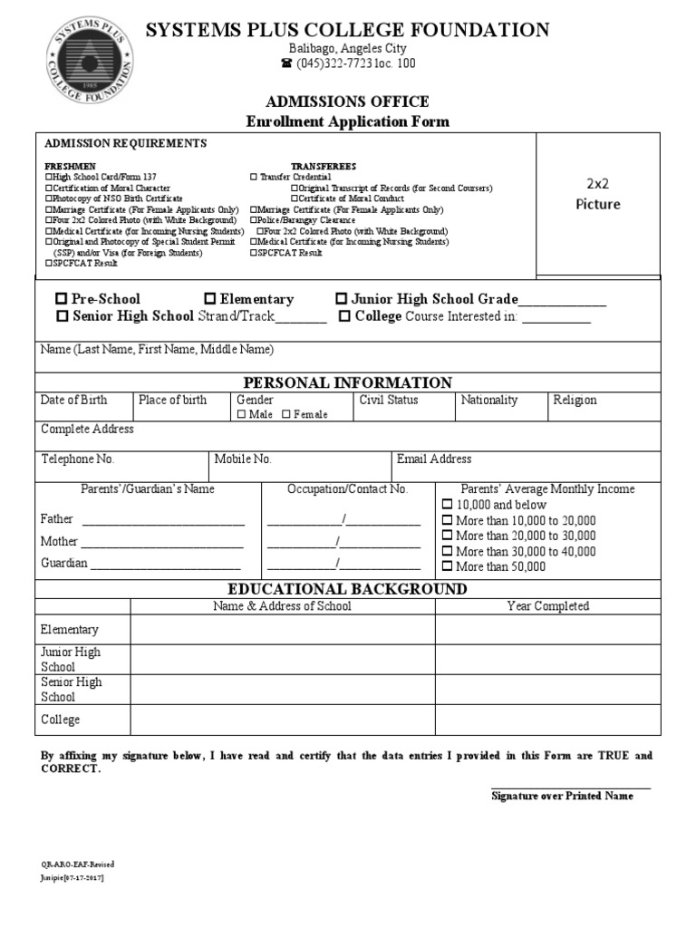 Admissions Office Enrollment Application Form PDF