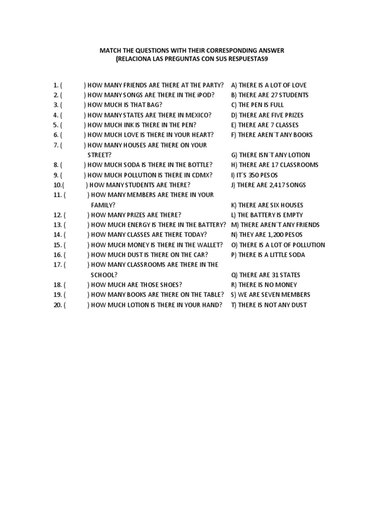 Match The Questions With Their Corresponding Answer (Relaciona Las ...