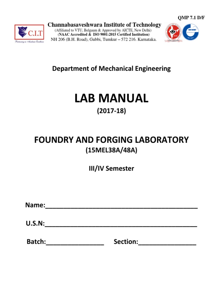 Foundry and Forging Lab Manual | PDF | Casting (Metalworking) | Foundry