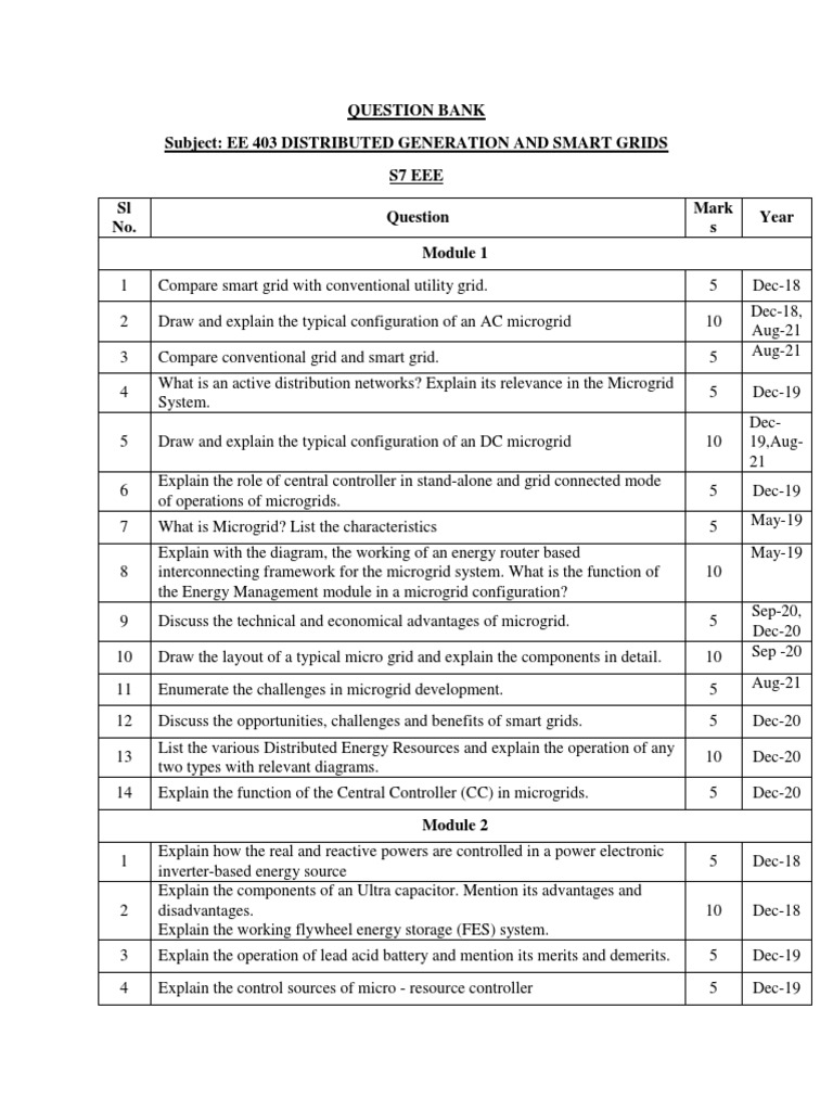 KTU S7 EEE Question Bank: Smart Grids | PDF | Electric Motor ...