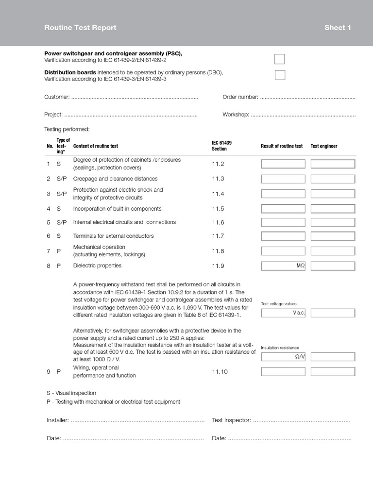 Routine Test Report Sheet 1: Power Switchgear and Controlgear Assembly ...