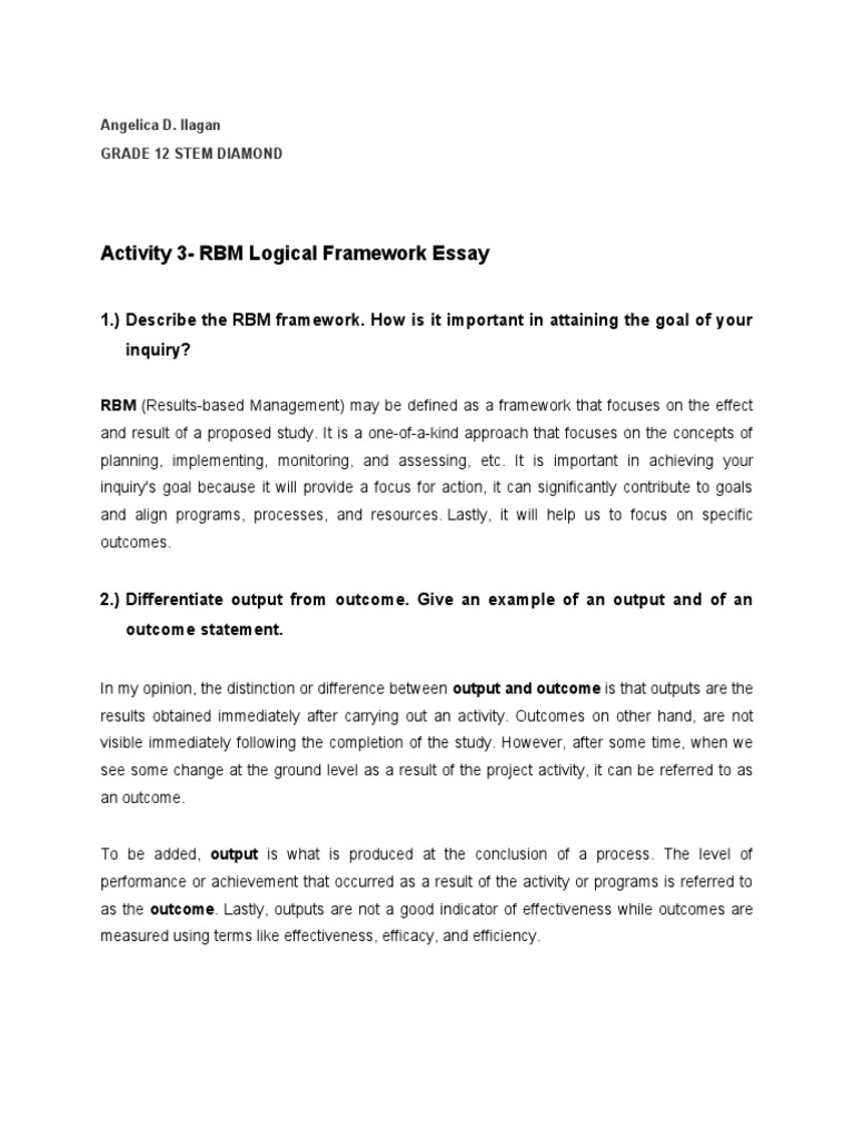 Activity 3 - RBM Logical Framework Essay | PDF | Career & Growth | Business