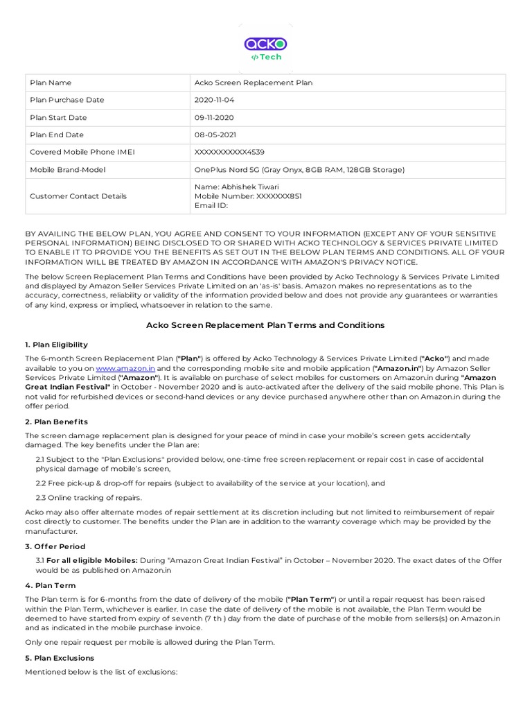 Acko Screen Replacement Plan T Erms and Conditions WWW Amazon.in