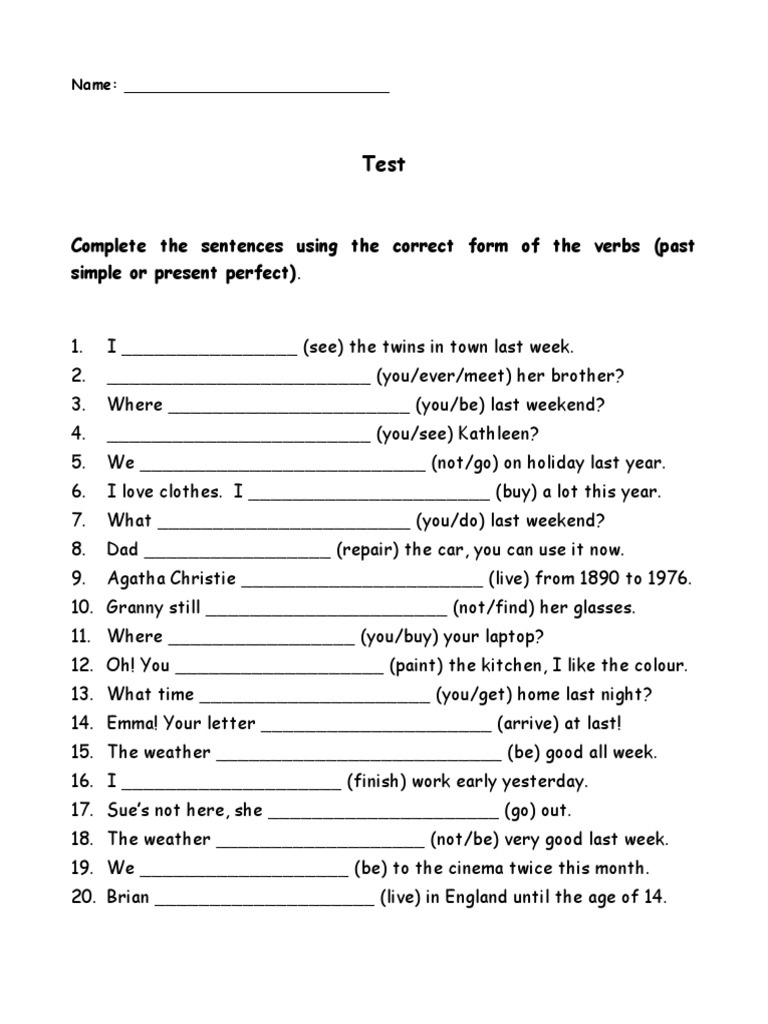 Test Present Perfect - Past Simple | PDF