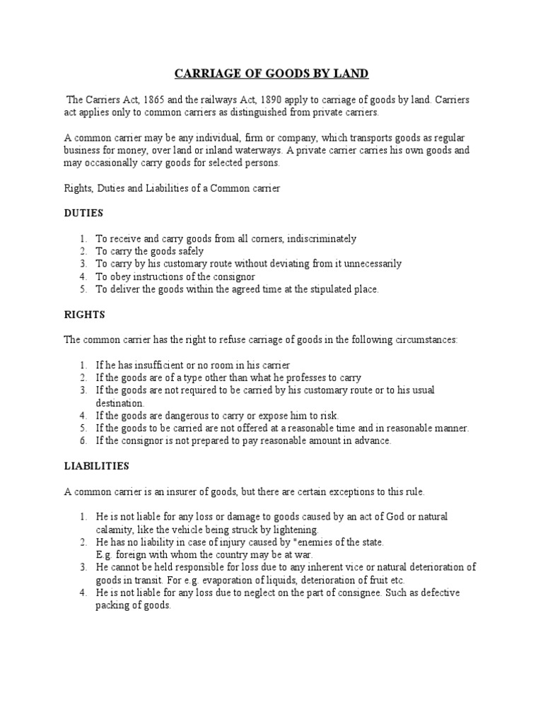 Carriage of Goods by Land PDF Bill Of Lading Common Law