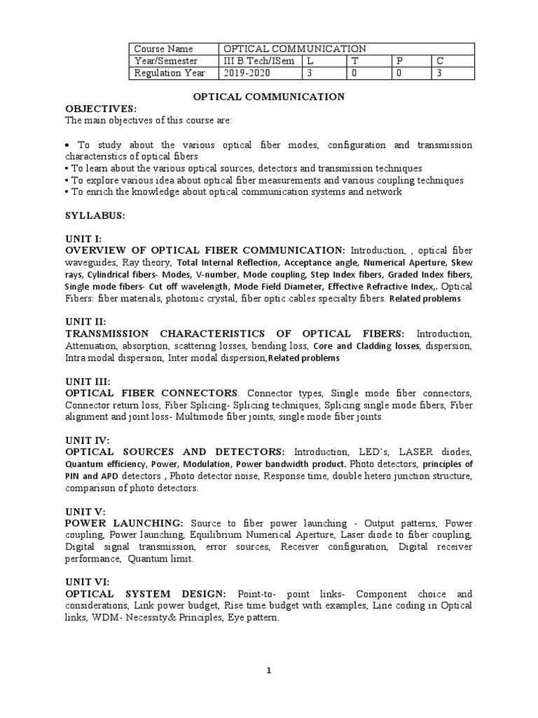 Oc Syllabus PDF Optical Fiber Optics