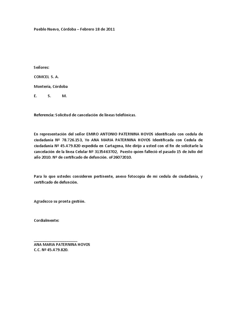 Carta y Poder - Cancelacion de Linea Telefonica