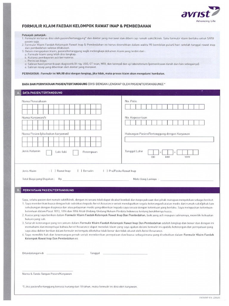 FORM AVRIST RAWAT INAP - Resume Medis | PDF