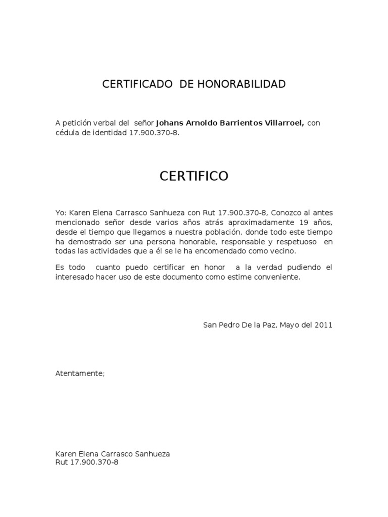 Certificado De Honorabilidad Para Un Amigo Soalan at