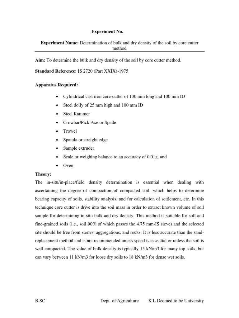 Core Cutter Method for Soil Density Analysis | PDF | Density | Soil