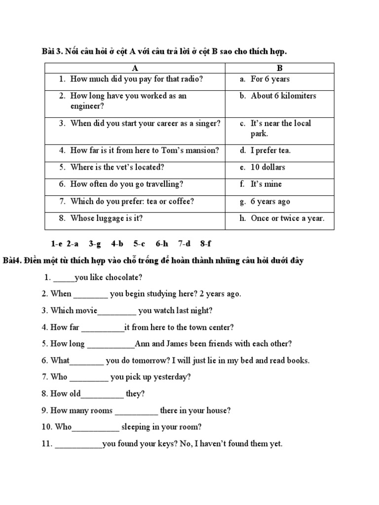 Vietnamese Grammar Exercises Connecting Questions and Answers | PDF