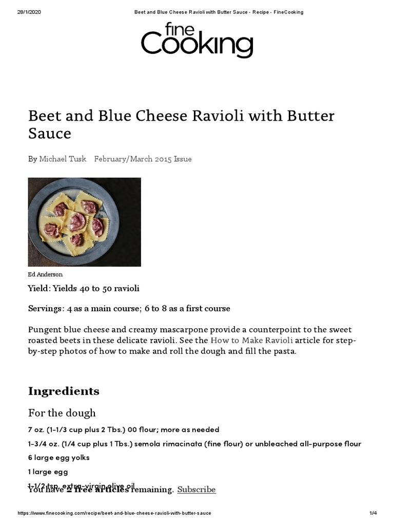 Beet and Blue Cheese Ravioli With Butter Sauce - Recipe - FineCooking ...