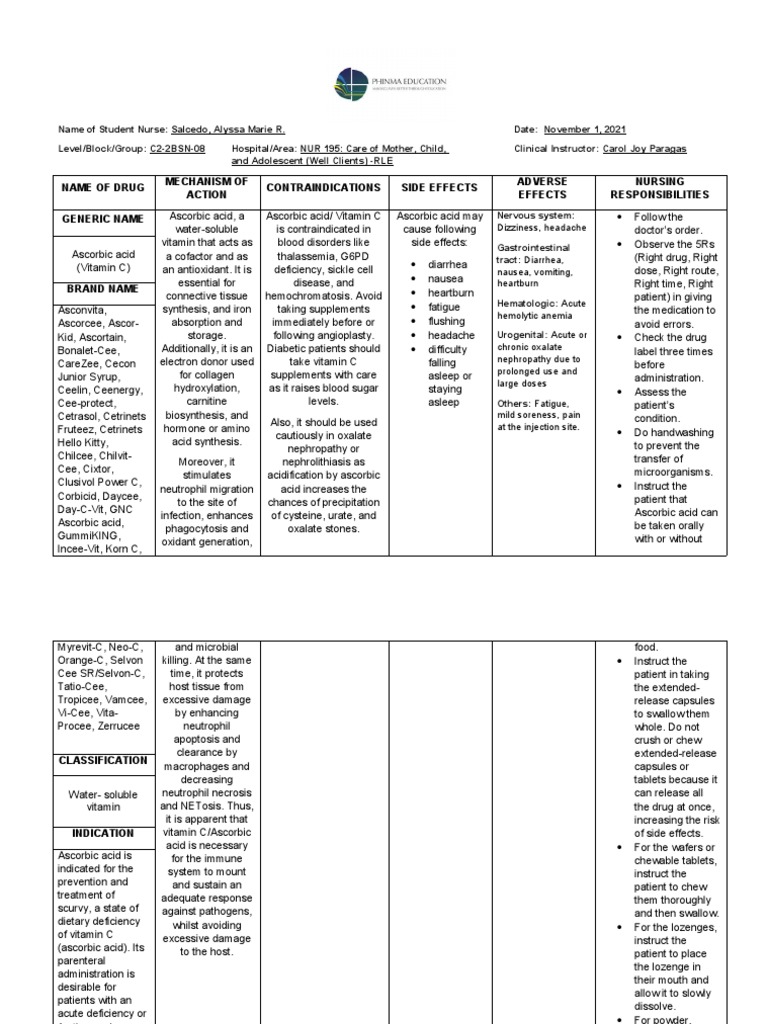 Ascorbic Acid: Nursing Considerations | PDF | Chemistry | Dose ...