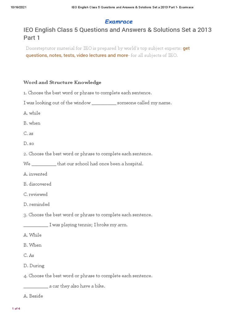 IEO English Class 5 Paper 2013 Part 1 PDF
