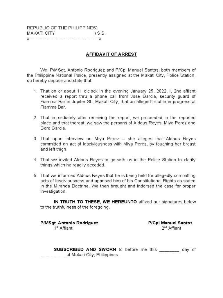 Arrest Affidavit Sample 1 PDF