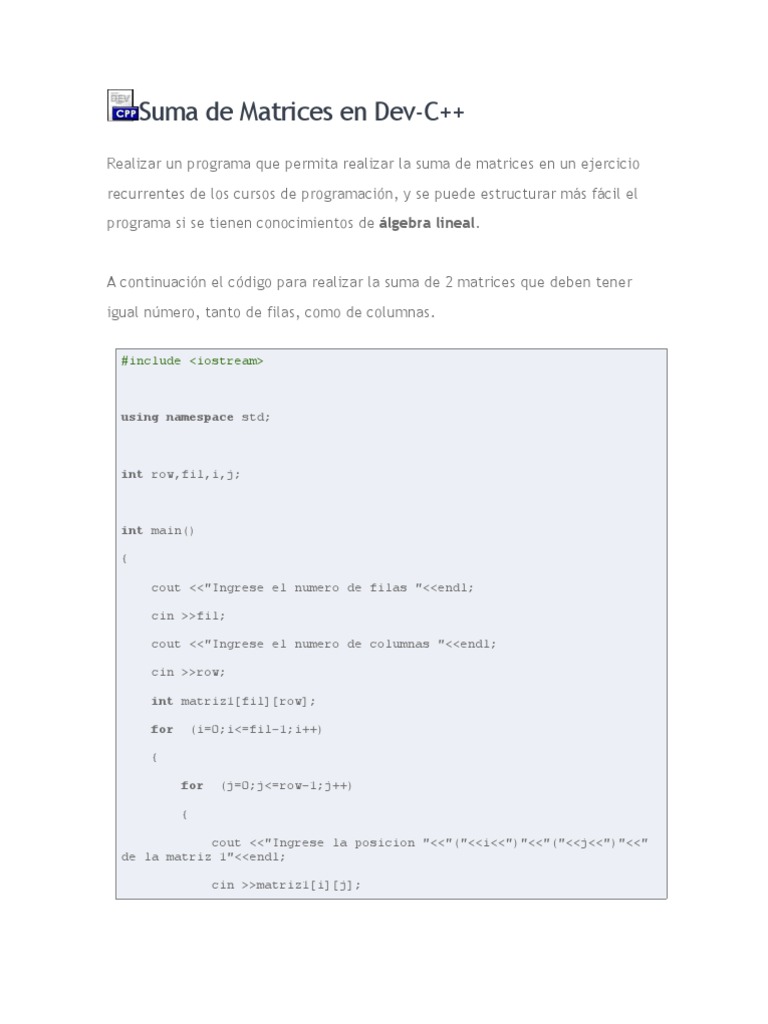 Programación de la suma de matrices en C++ | PDF | Matriz (Matemáticas ...