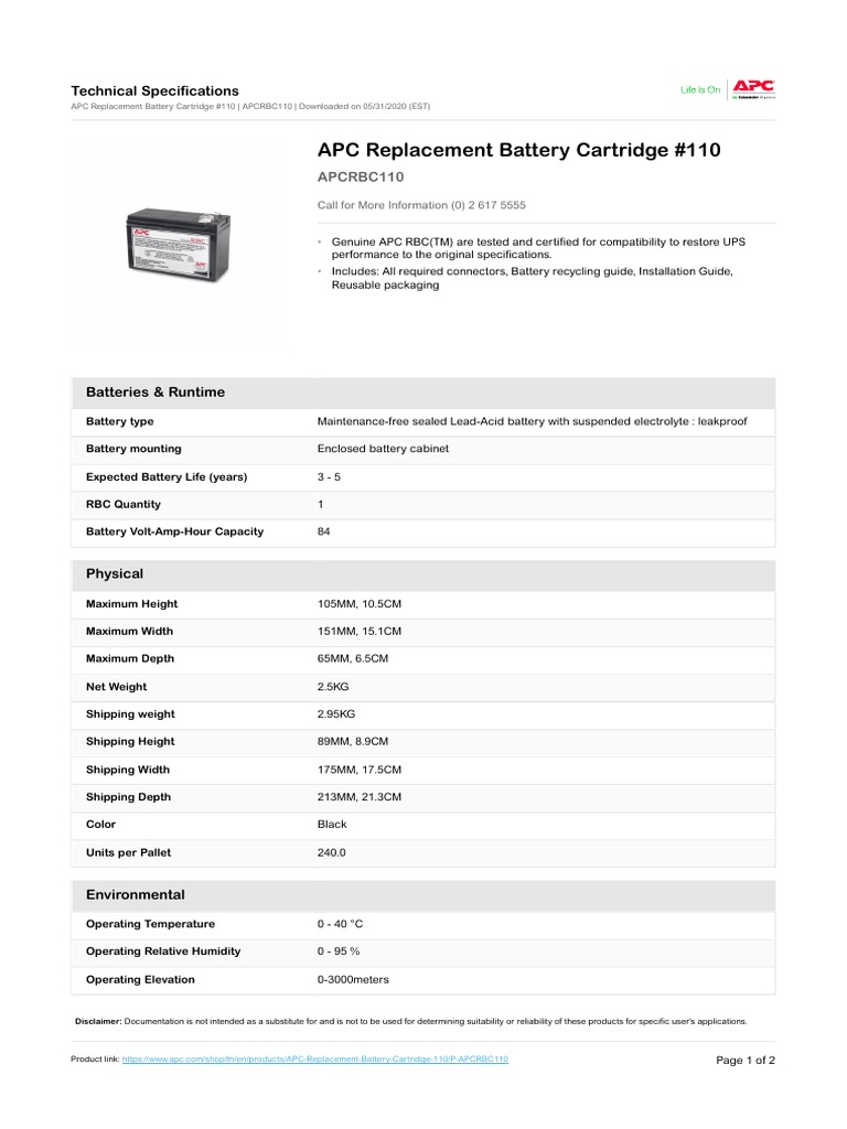APC Replacement Battery Cartridge 110 Technical Specifications PDF