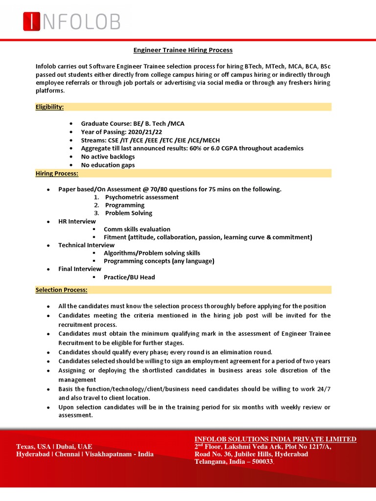 Infolob Engineer Trainee Hiring Process | PDF | Recruitment