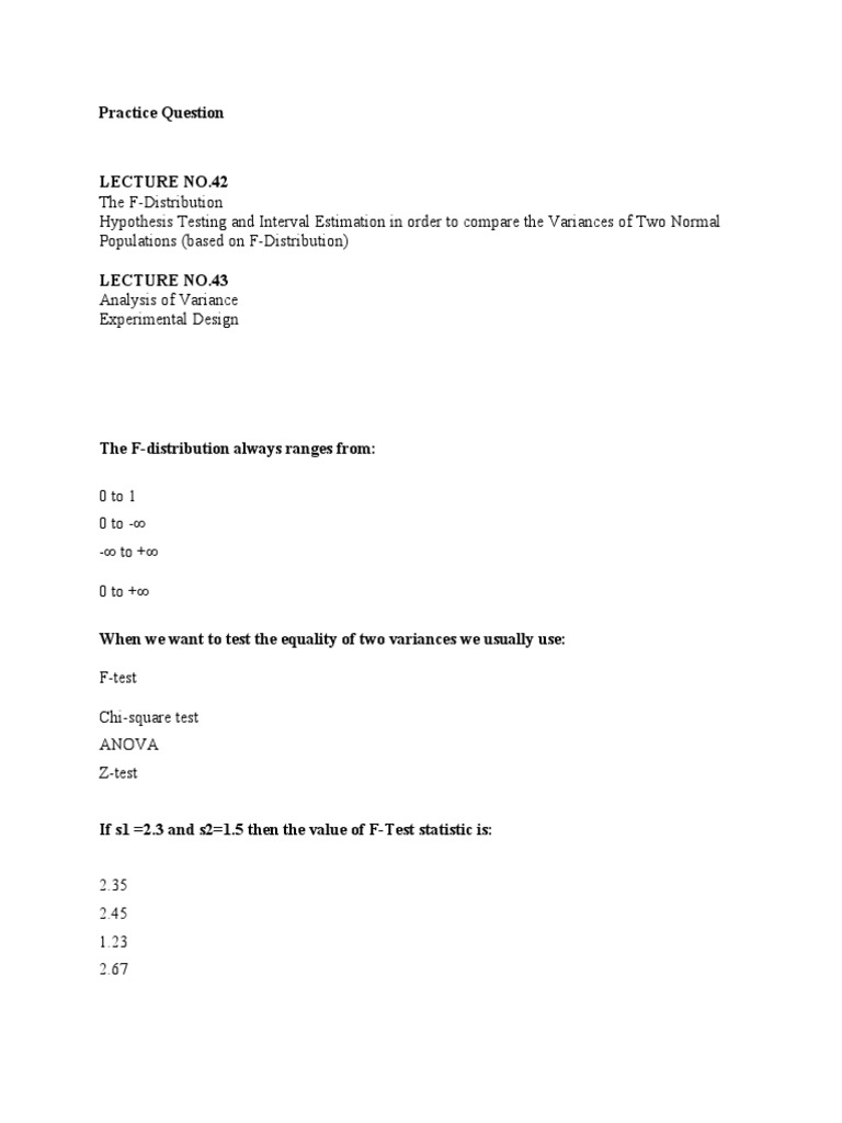 ANOVA and F-Distribution Practice Questions | PDF | Analysis Of ...