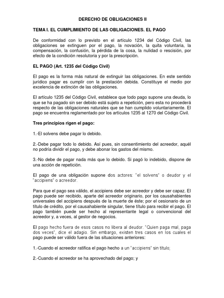 Tema I. El Cumplimiento de Las Obligaciones. El Pago | PDF | Pagos ...