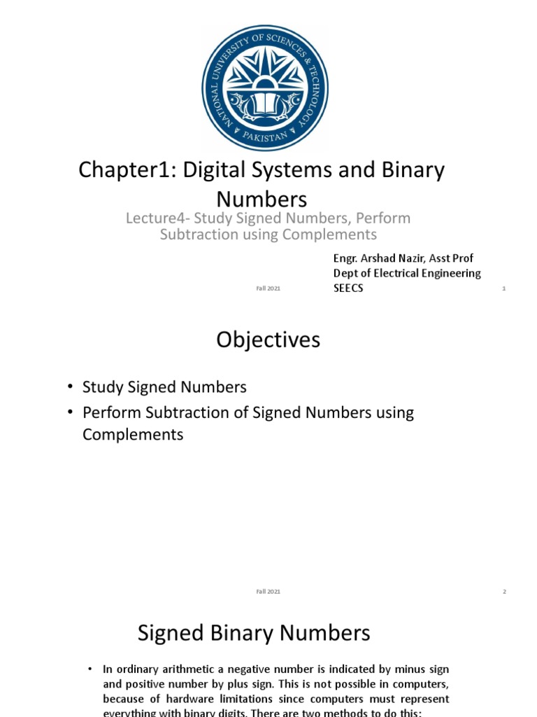 Lecture4 Chapter1 Signed Numbers, Subtraction of Signed Numbers Using Complements PDF