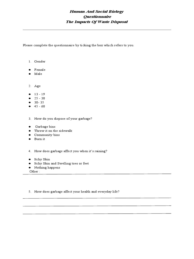 Human and Social Biology Questionnaire The Impacts of Waste Disposal PDF