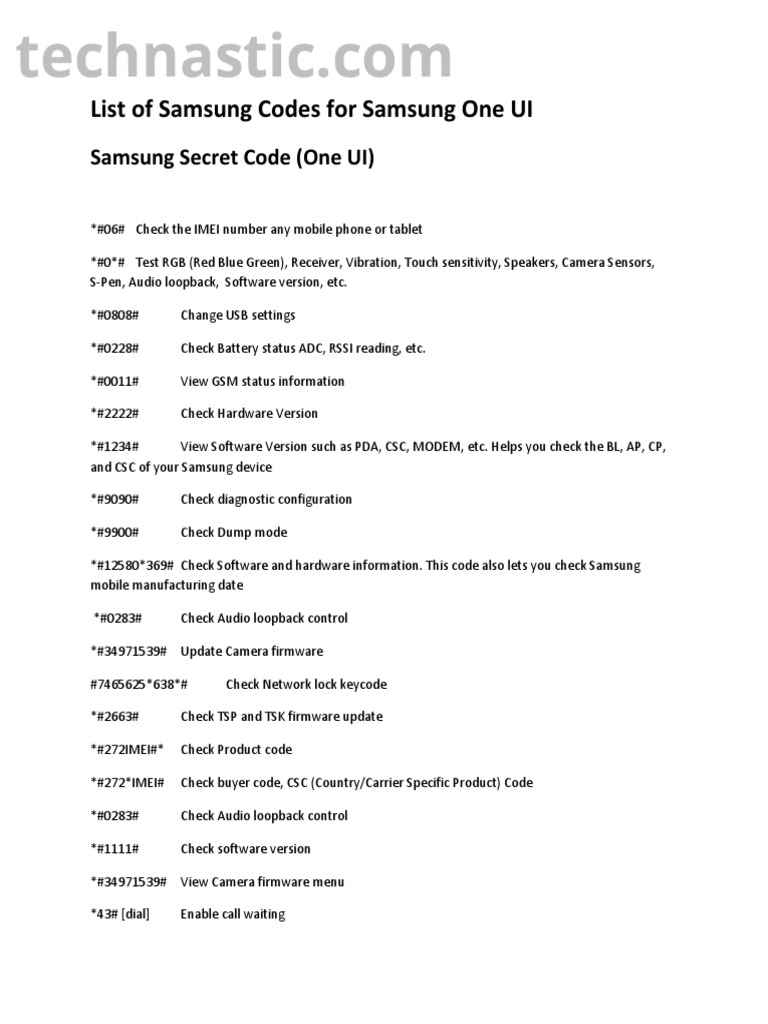 List of Samsung Codes For Samsung One UI PDF Bluetooth Android