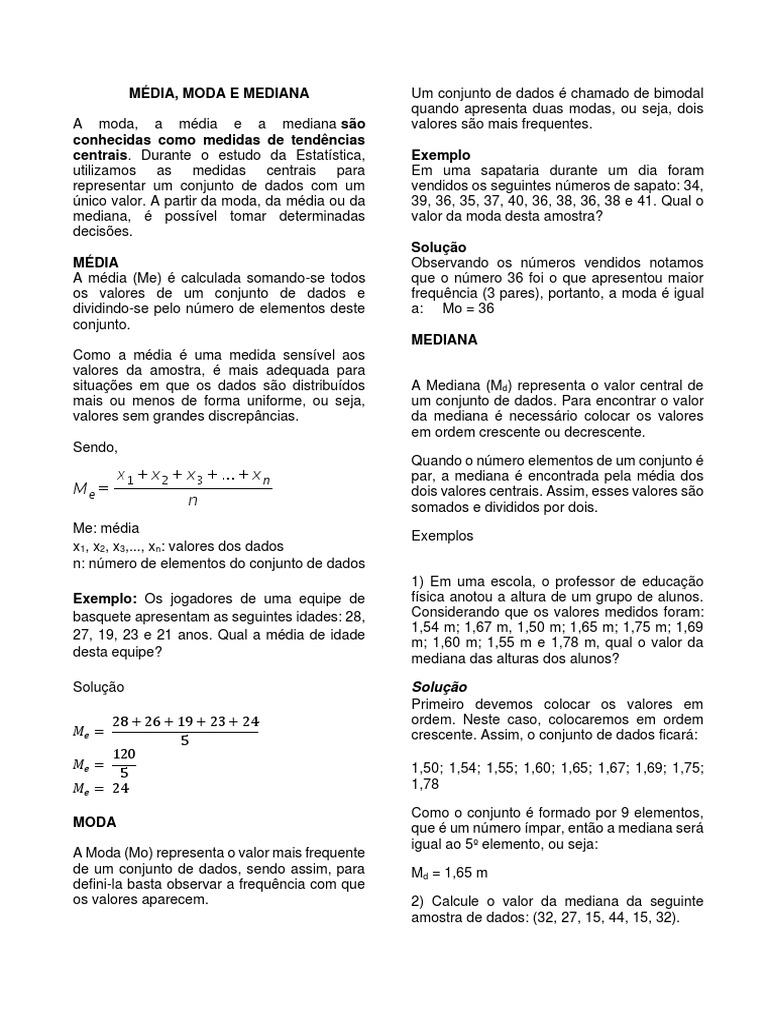 Moda, Média e Mediana na Estatística | PDF | Modo (Estatística ...
