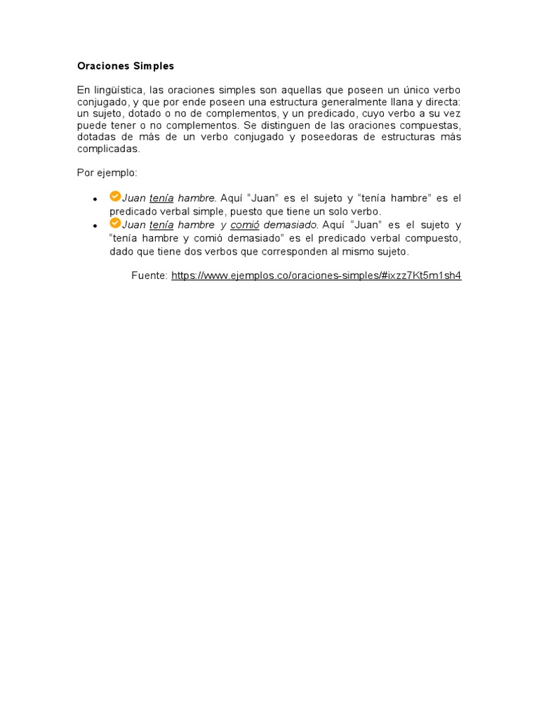Ejemplos de Oraciones Simples | PDF | Asunto (gramática) | Verbo