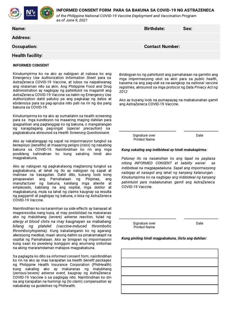 Astrazeneca Informed Consent Form Fil - June 9 2021 | PDF