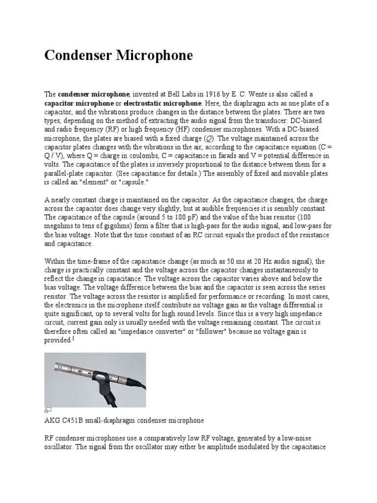 Condenser Microphone Capacitor Microphone or Electrostatic Microphone