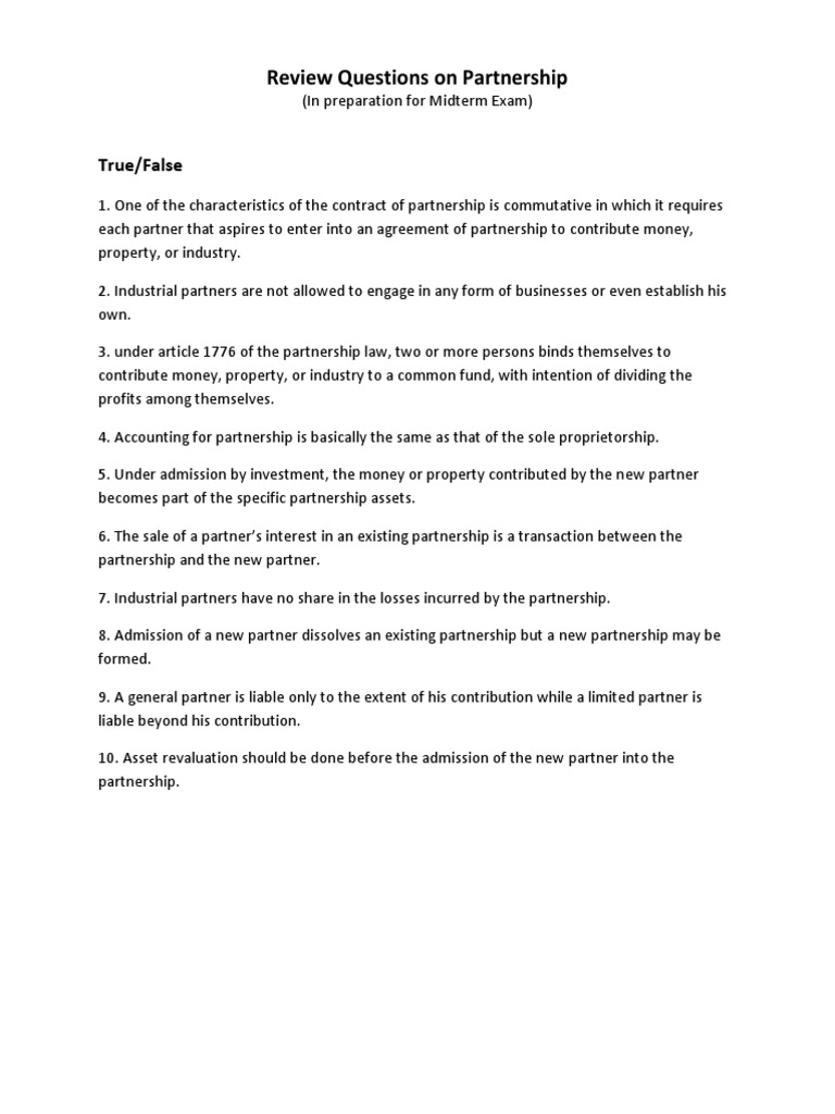 Partnership Exam Review Questions | PDF | Partnership | Balance Sheet