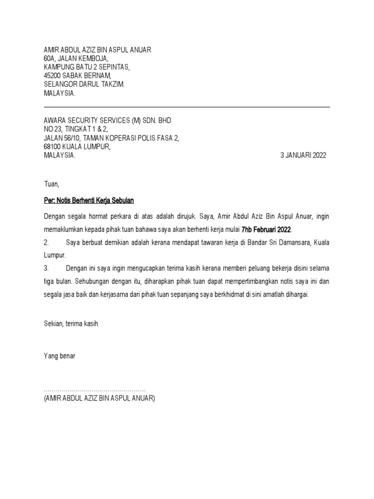 Notis Berhenti Kerja Pdf