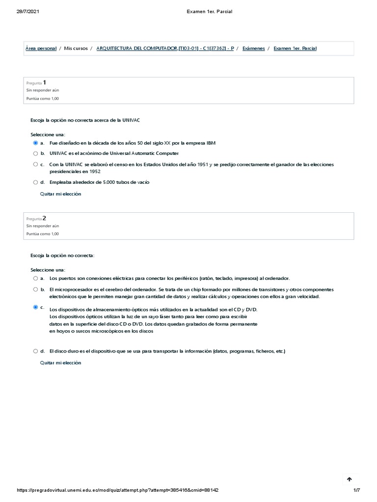 Examen 1er Parcial: Arquitectura de PC | PDF | Hardware de la ...