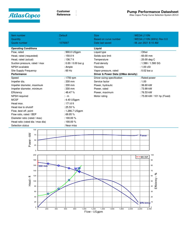 Pump Performance Datasheet: Customer Reference | PDF | Pump | Dynamics ...