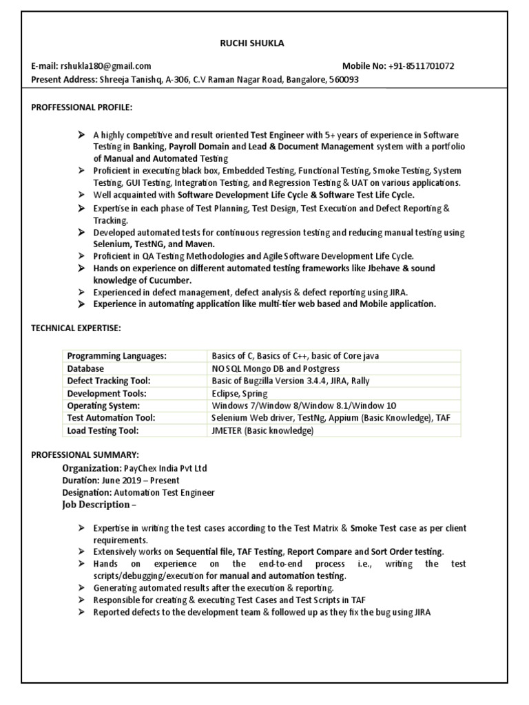 Test Engineer Resume - Ruchi Shukla | PDF | Software Testing | Selenium ...