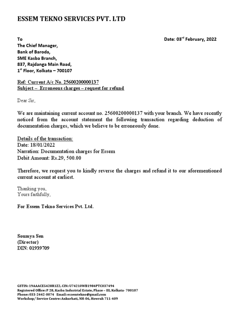 EssemLetter To Bank For Reversal of Documentation Charges PDF
