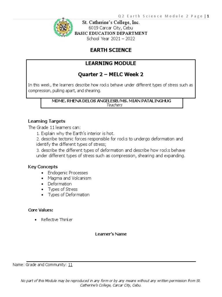 Earth Science Grade 11 Q2 Module 2 | PDF | Deformation (Engineering ...