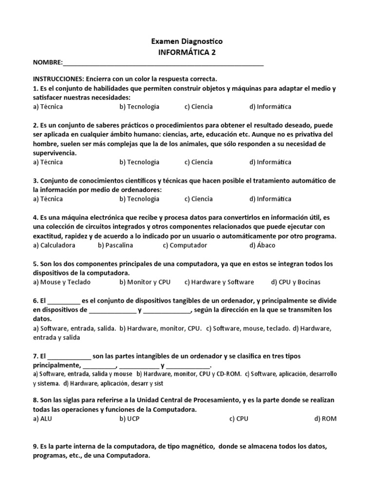 Examen Diagnóstico de Informática 2 | PDF | Hardware de la computadora ...