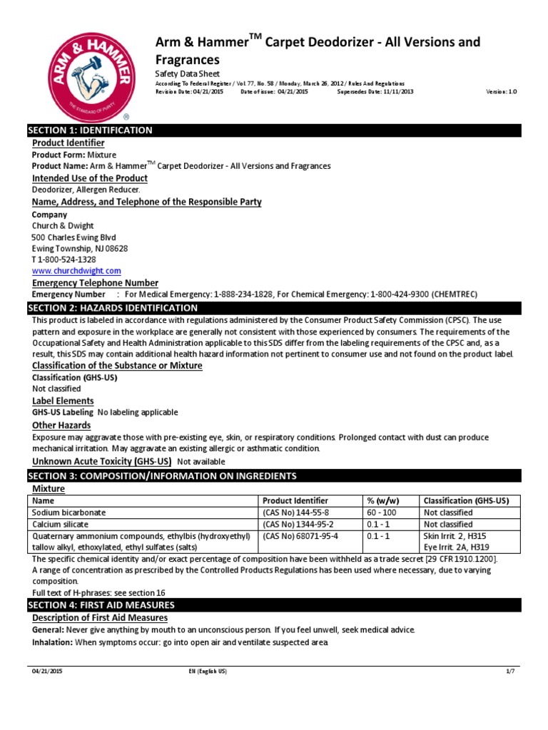 Arm And Hammer Laundry Soap Sds