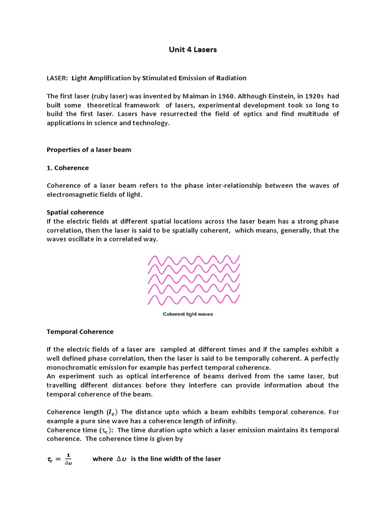 Unit 4 Lasers Properties and Applications of Coherent Light Sources