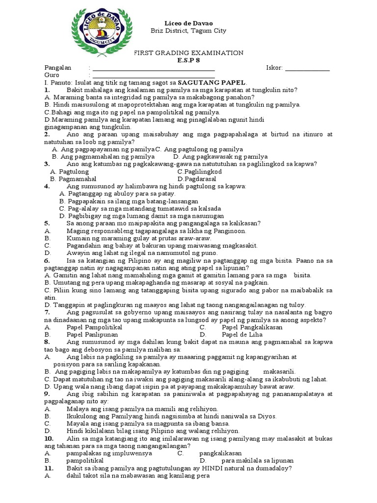 Grade 8 Esp | PDF